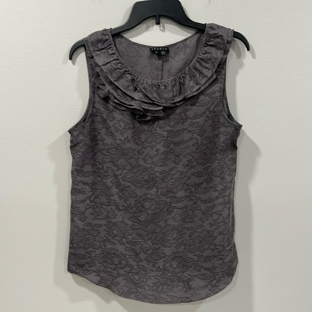 Theory 100% Silk Sleeveless Top Gray Floral Pattern Size Medium EUC
